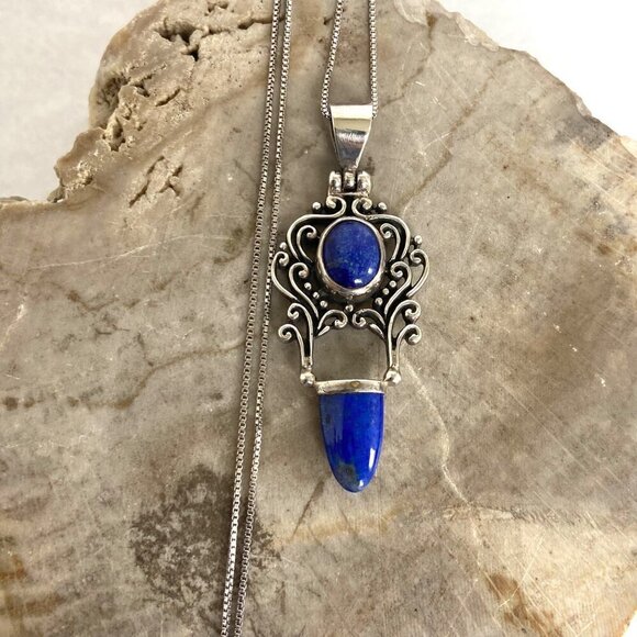 Sterling Silver 925 Lapis Lazuli Scrollwork 2 Stone Pendant Necklace 18" Chain - Picture 3 of 16